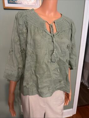 Magaschoni Olive Green 100% Linen Embroidered Tassel Tunic